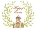 Happy Easter New Ukrainian greek catholic church isolated in white background and frame of green branches for postcard or card or